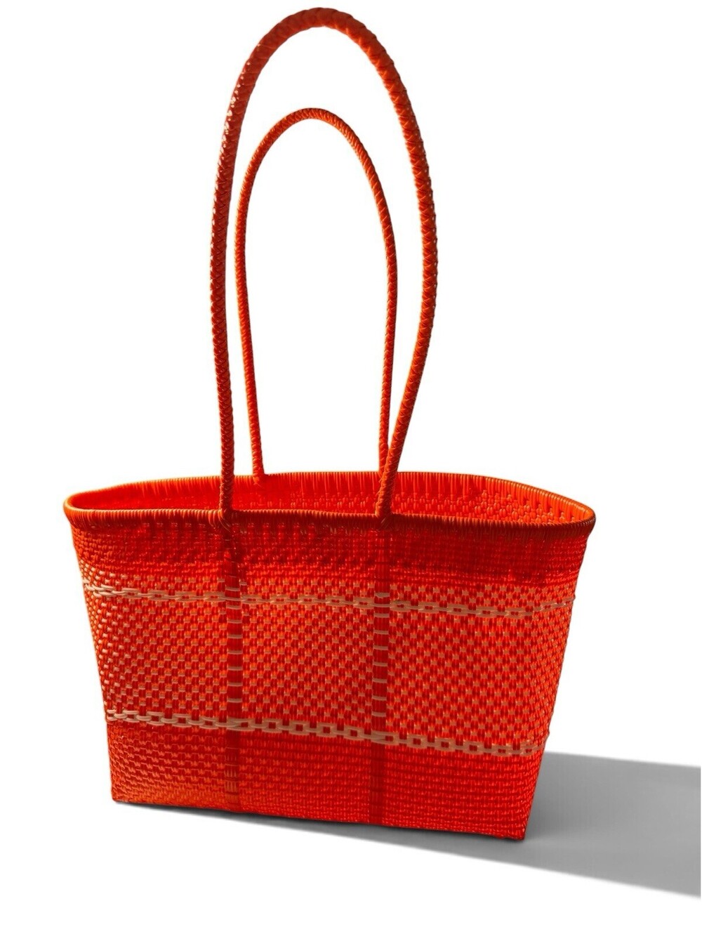 Orange White Woven Plastic Tote Bag Market Beach Shopping Handbag